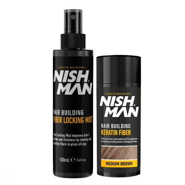 Загуститель для волос + лак NISHMAN HAIR BUILDING KERATIN SET 20гр+100мл коричневый (Medium Brown)