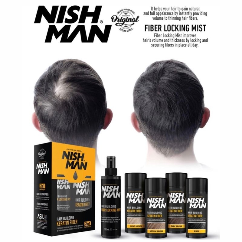 Загуститель для волос + лак NISHMAN HAIR BUILDING KERATIN SET 20гр+100мл коричневый (Medium Brown)